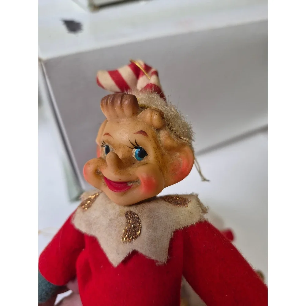 Vintage Rubber Face Felt Santa Elf Christmas Ornaments Lot of 3 Japan Retro MCM